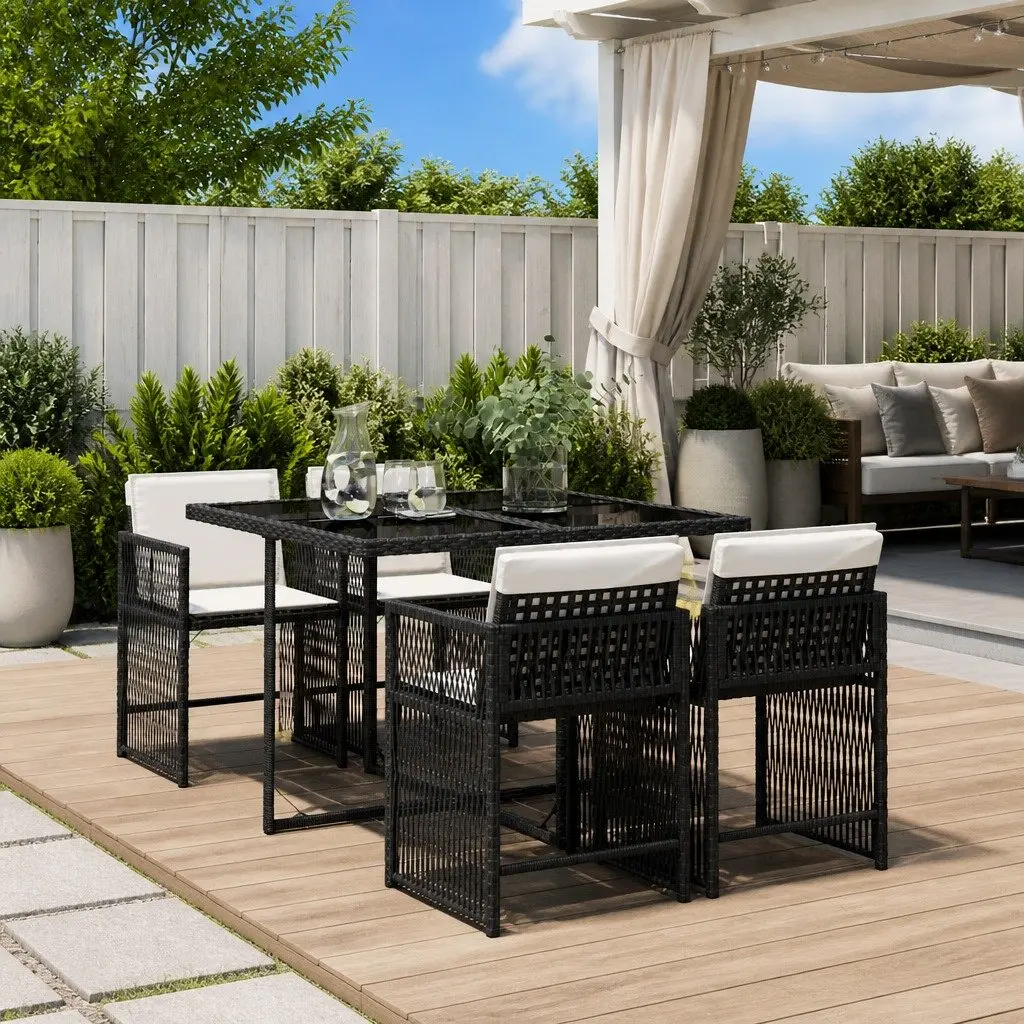 Outdoor Dining Set Compact Black Rattan Cushioned Chairs Foldable Table 5 Piece