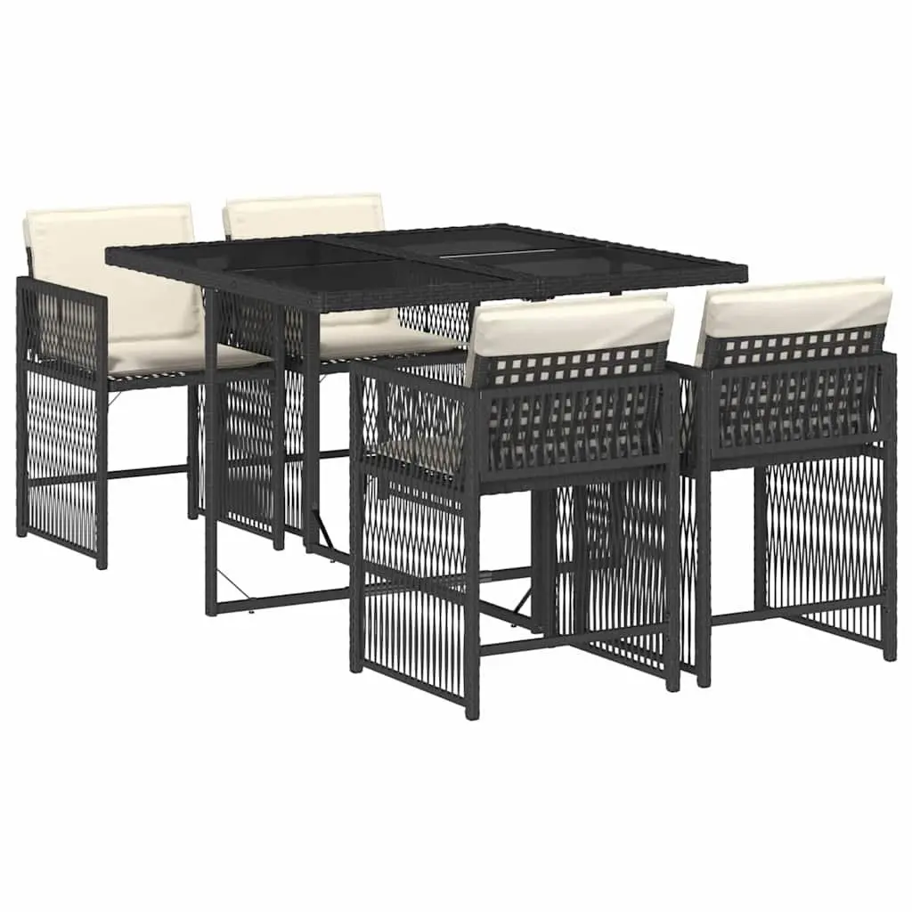 Outdoor Dining Set Compact Black Rattan Cushioned Chairs Foldable Table 5 Piece