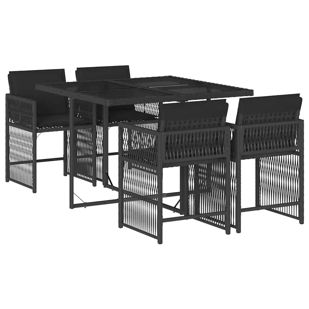 5 Piece Outdoor Garden Dining Set Black Poly Rattan Chairs Tempered Glass Table
