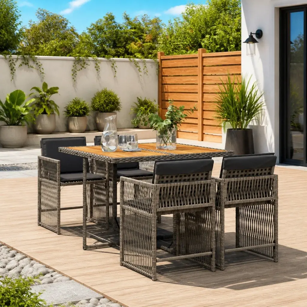 Outdoor Dining Set Grey 5 Piece Poly Rattan with Cushions