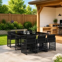 7 Piece Outdoor Dining Set Poly Rattan Garden Furniture with Cushions Black