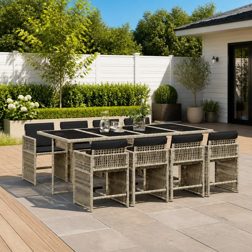 Garden Dining Set Grey 9 Piece Outdoor Furniture PE Rattan Chairs Table