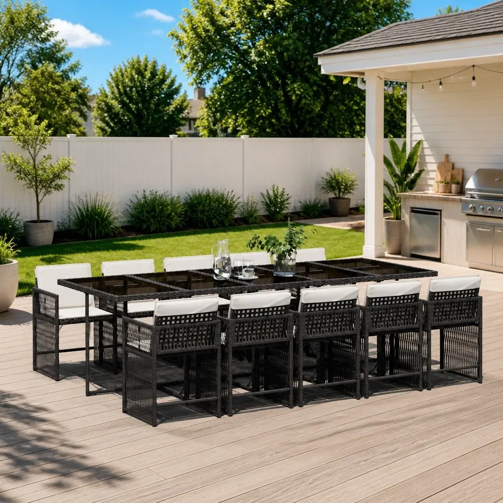 Outdoor Dining Set Black 11 Piece PE Rattan Chairs Table Cushions