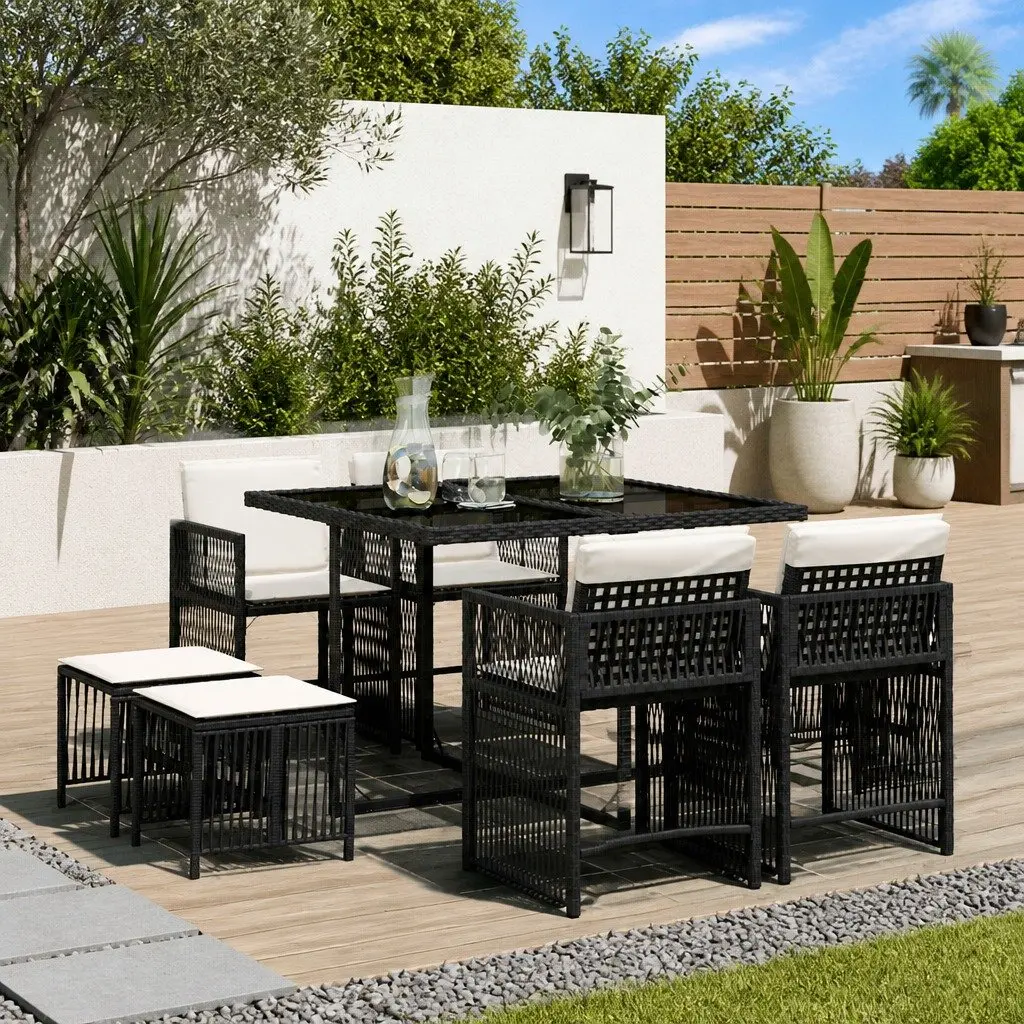 Garden Dining Set 9 Piece Outdoor Furniture Black Poly Rattan Cushions Patio