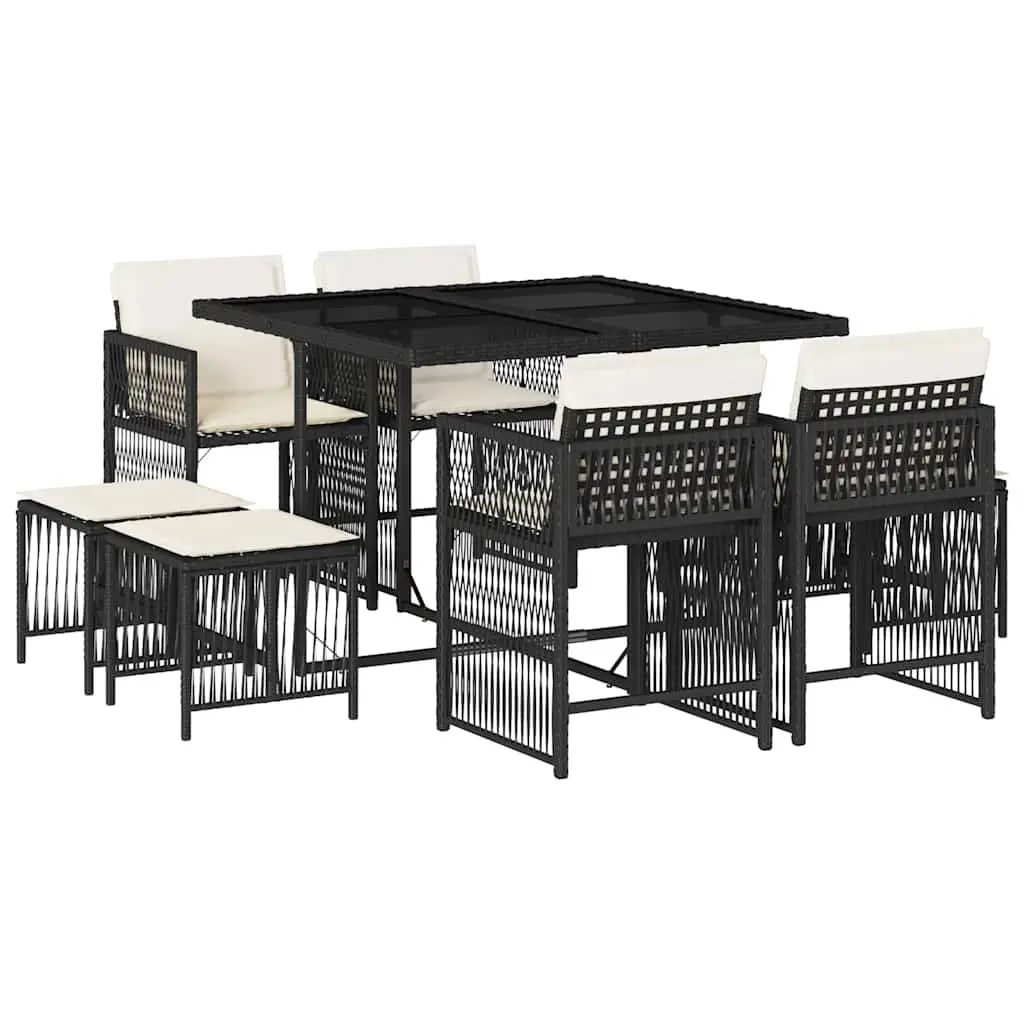 Garden Dining Set 9 Piece Outdoor Furniture Black Poly Rattan Cushions Patio