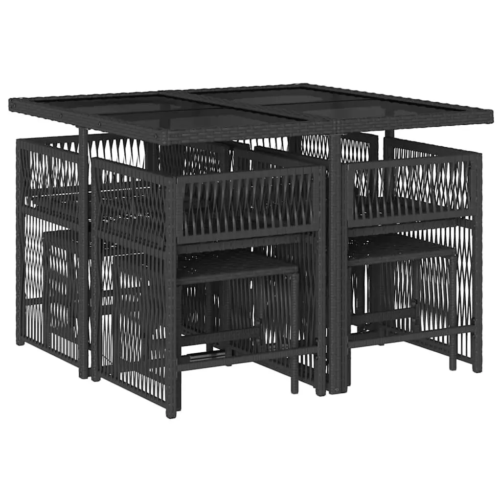 9 Piece Outdoor Garden Dining Set Black Poly Rattan Chairs Table with Cushions