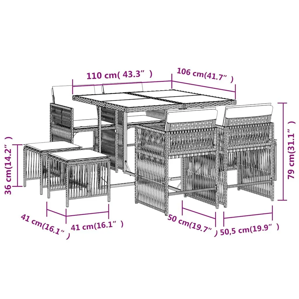 Garden Dining Set 9 Piece Outdoor Furniture Grey Poly Rattan Cushions Glass