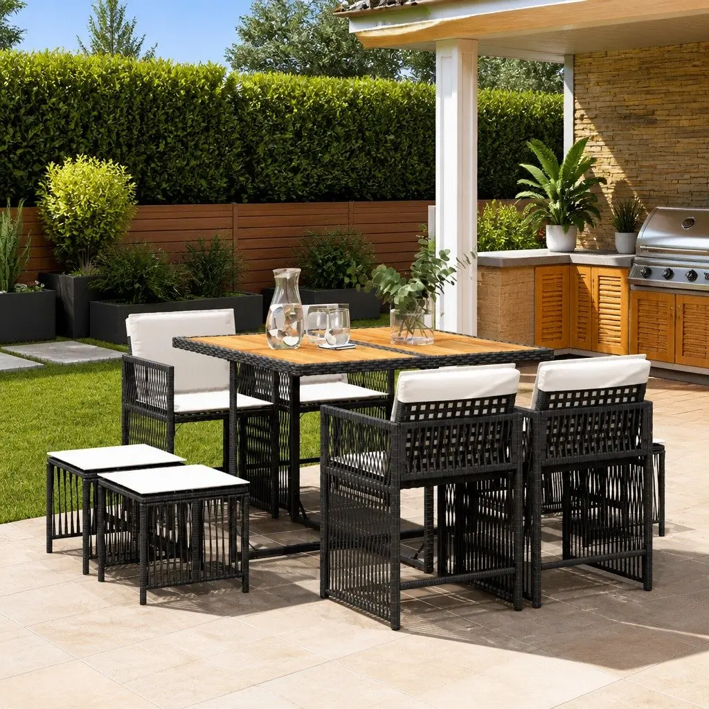 9 Piece Outdoor Dining Set Black Poly Rattan Table Acacia Wood Top with Foldable Chairs and Padded Cushions