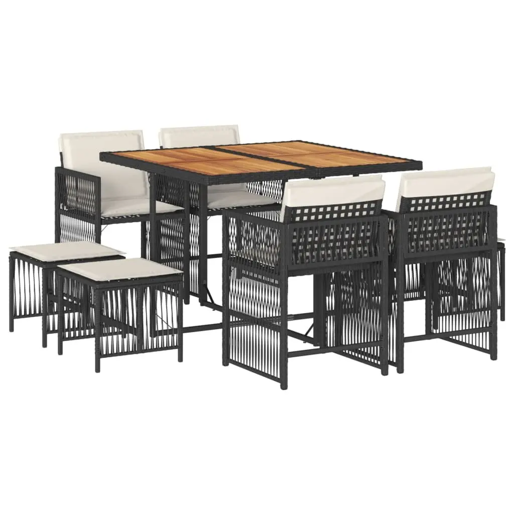 9 Piece Outdoor Dining Set Black Poly Rattan Table Acacia Wood Top with Foldable Chairs and Padded Cushions