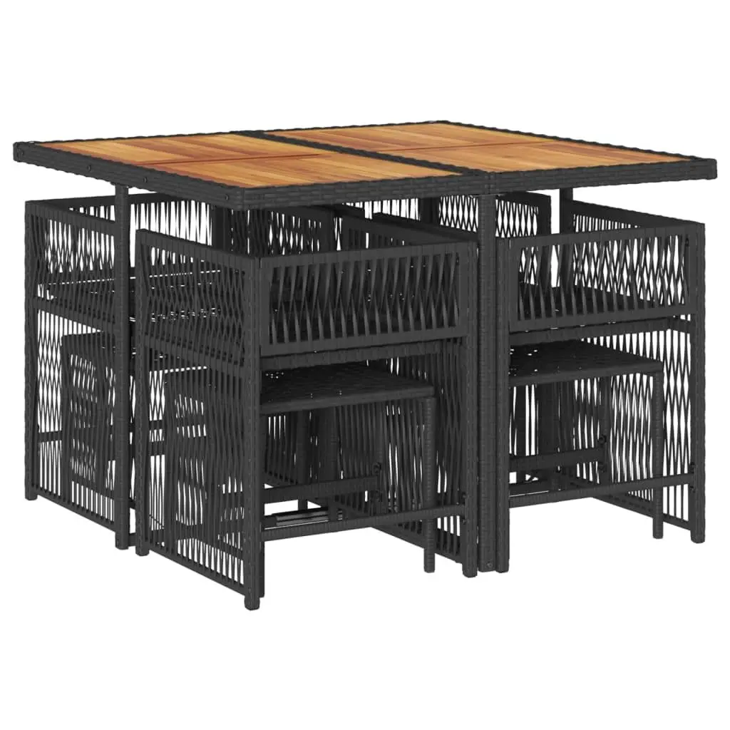 9 Piece Outdoor Dining Set Black Poly Rattan Table Acacia Wood Top with Foldable Chairs and Padded Cushions