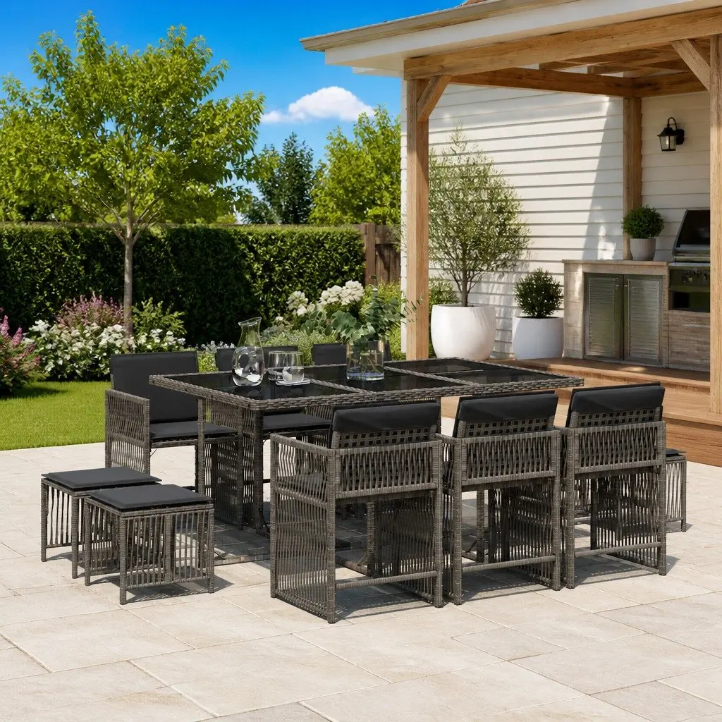 11-Piece Outdoor Dining Set with Grey Cushions