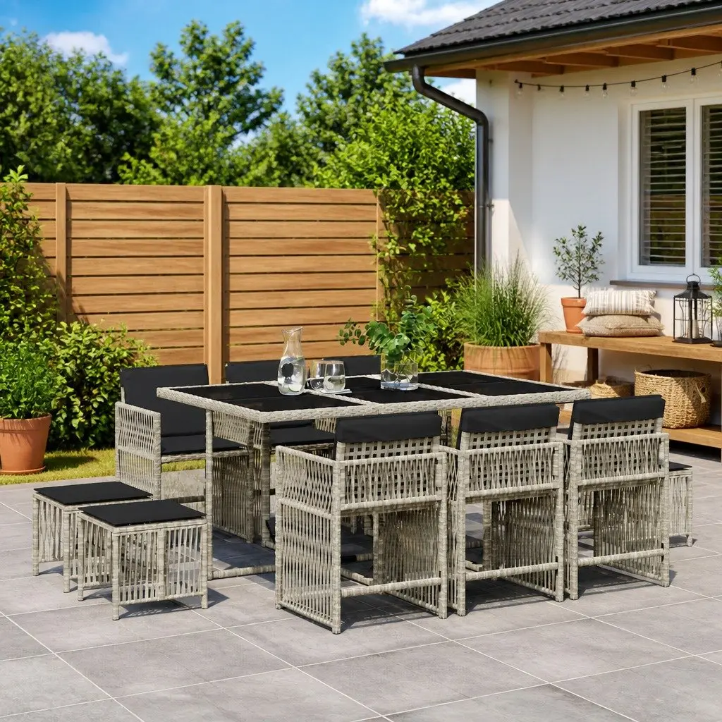 Garden Dining Set 11 Piece Outdoor Furniture Grey Poly Rattan Chairs Table Patio