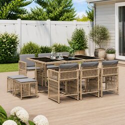 11 Piece Garden Dining Set Outdoor Furniture Beige Poly Rattan Cushions Glass