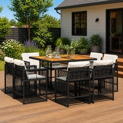 Outdoor Dining Set 9 Piece Garden Furniture Black Poly Rattan with Cushions