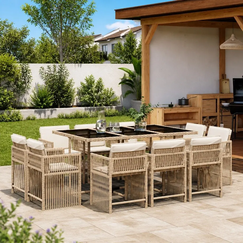 Garden Dining Set 11 Piece Outdoor Furniture Beige Poly Rattan Chairs Table