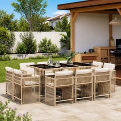 Concise 11-Piece Outdoor Dining Set in Beige Rattan