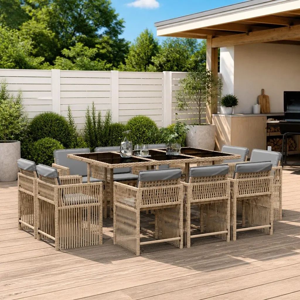 Garden Dining Set Beige 11 Piece Outdoor Furniture Poly Rattan with Cushions
