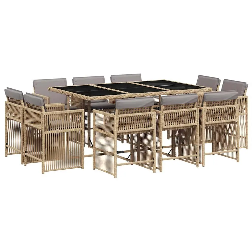 Garden Dining Set Beige 11 Piece Outdoor Furniture Poly Rattan with Cushions