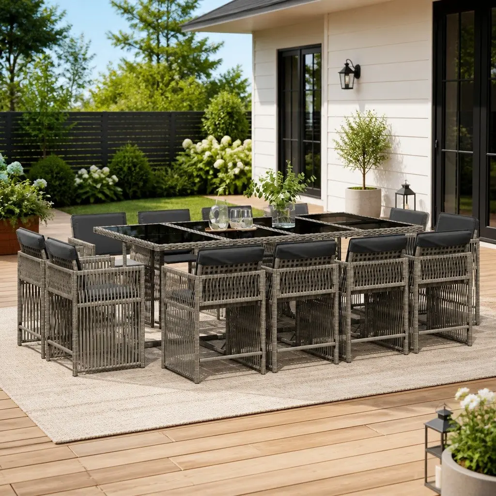 Grey Garden Dining Set 13 Pieces Poly Rattan Folding Chairs Cushions Tempered Glass