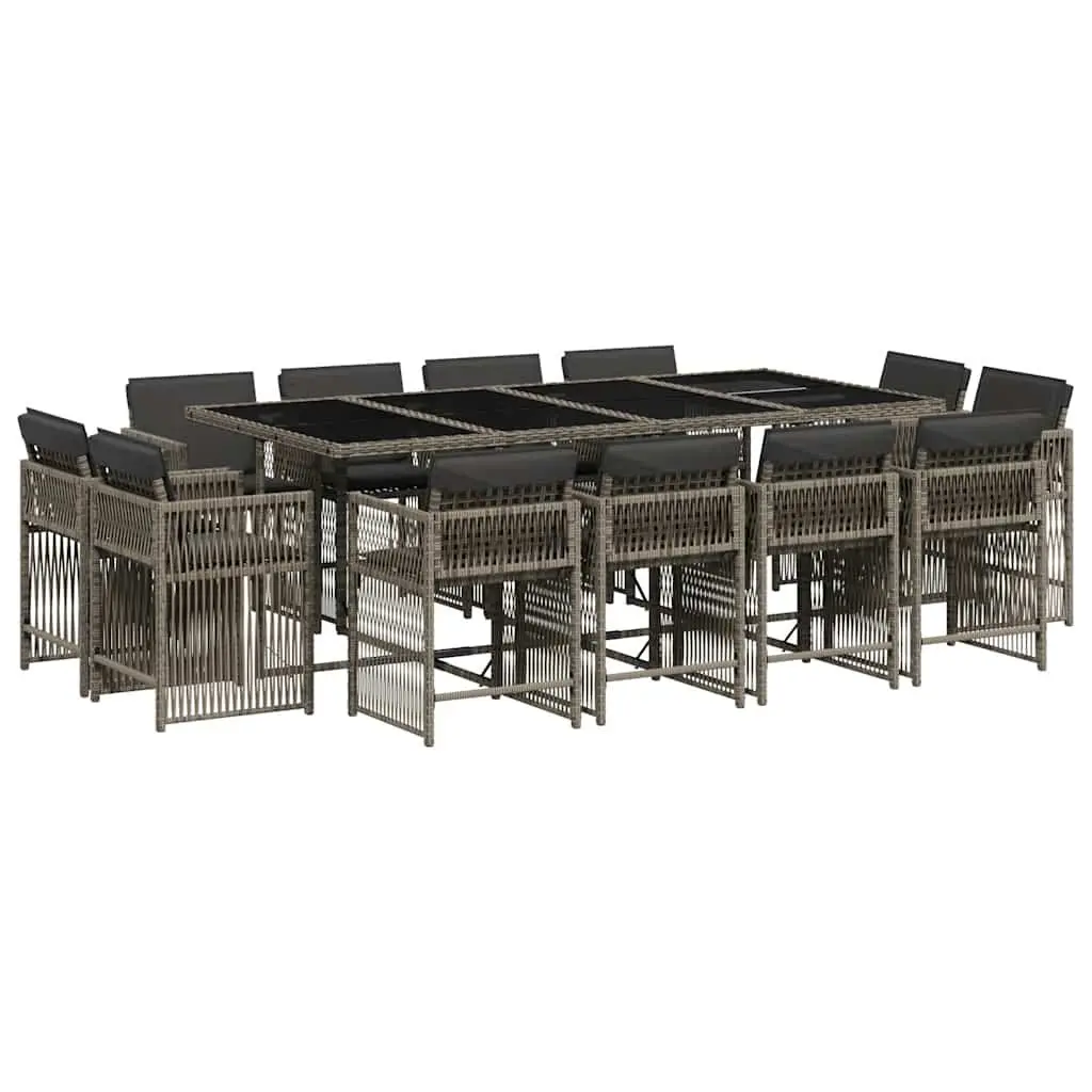 Grey Garden Dining Set 13 Pieces Poly Rattan Folding Chairs Cushions Tempered Glass