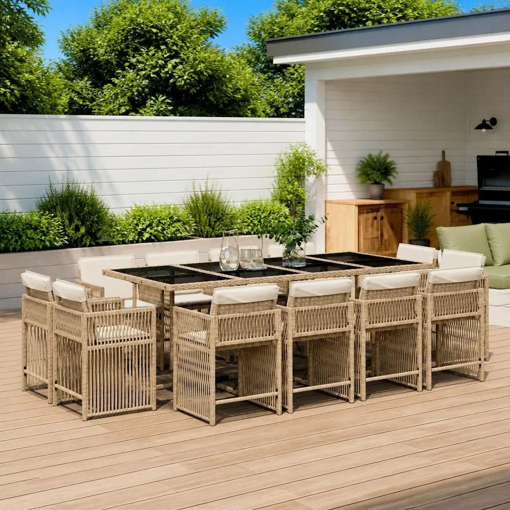 13 Piece Garden Dining Set Beige Outdoor Patio Furniture Poly Rattan Chairs with Folding Backrests and Thickly Padded Cushions
