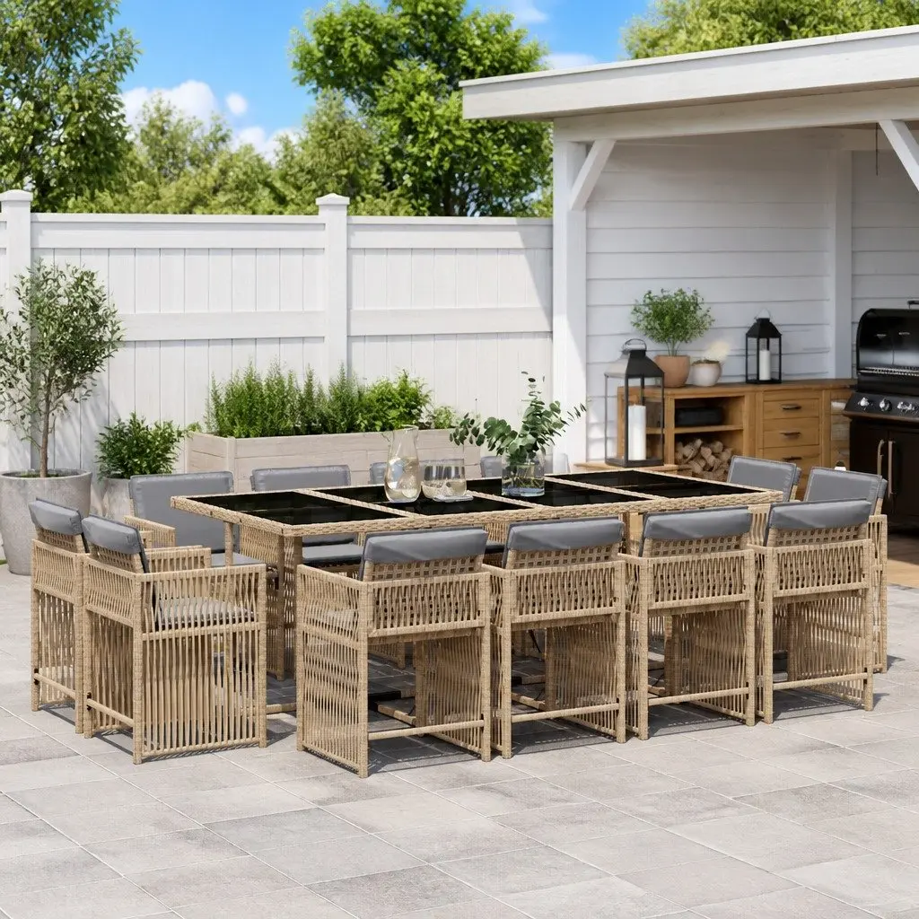 13 Piece Garden Dining Set Beige Poly Rattan Outdoor Furniture Foldable Chair Backrests Thickly Padded Cushions Tempered Glass Tabletop