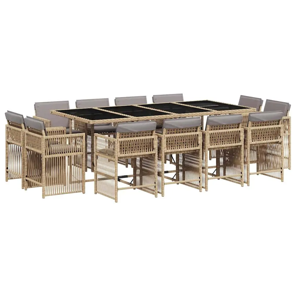 13 Piece Garden Dining Set Beige Poly Rattan Outdoor Furniture Foldable Chair Backrests Thickly Padded Cushions Tempered Glass Tabletop