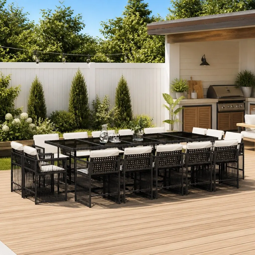 Outdoor Dining Set Black 15 Piece Poly Rattan Garden Furniture with Cushions