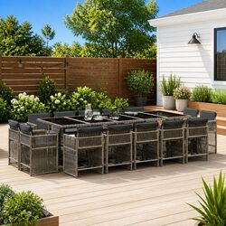 Garden Dining Set 15 Pieces Outdoor Furniture Grey Poly Rattan with Cushions