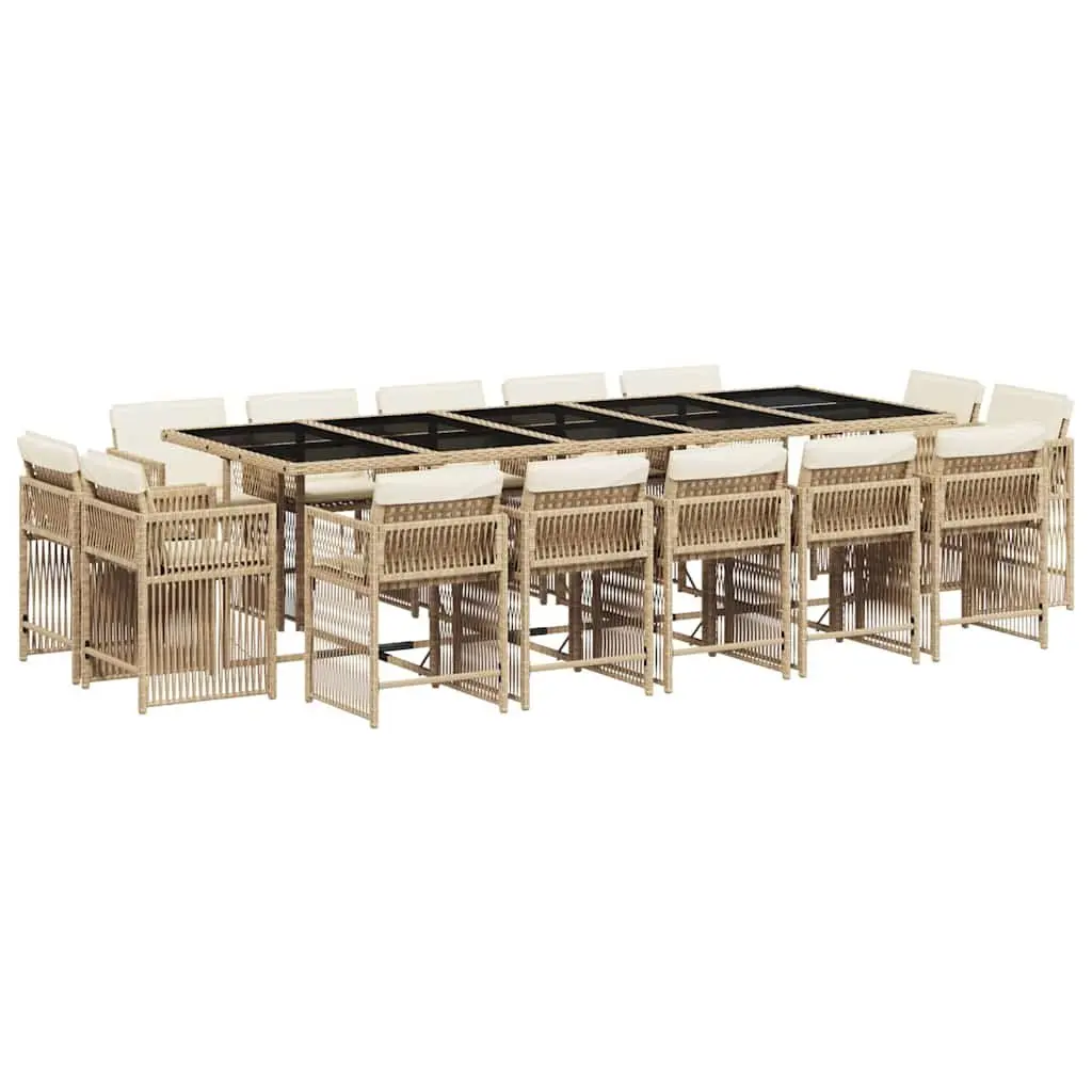 15 Piece Outdoor Garden Dining Set Beige PE Rattan with Cushions and Tempered Glass Tabletop