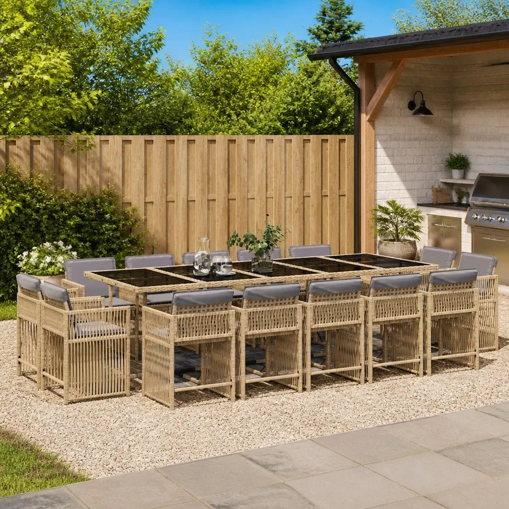 Garden Dining Set Beige 15 Piece Outdoor Patio Furniture with Cushions