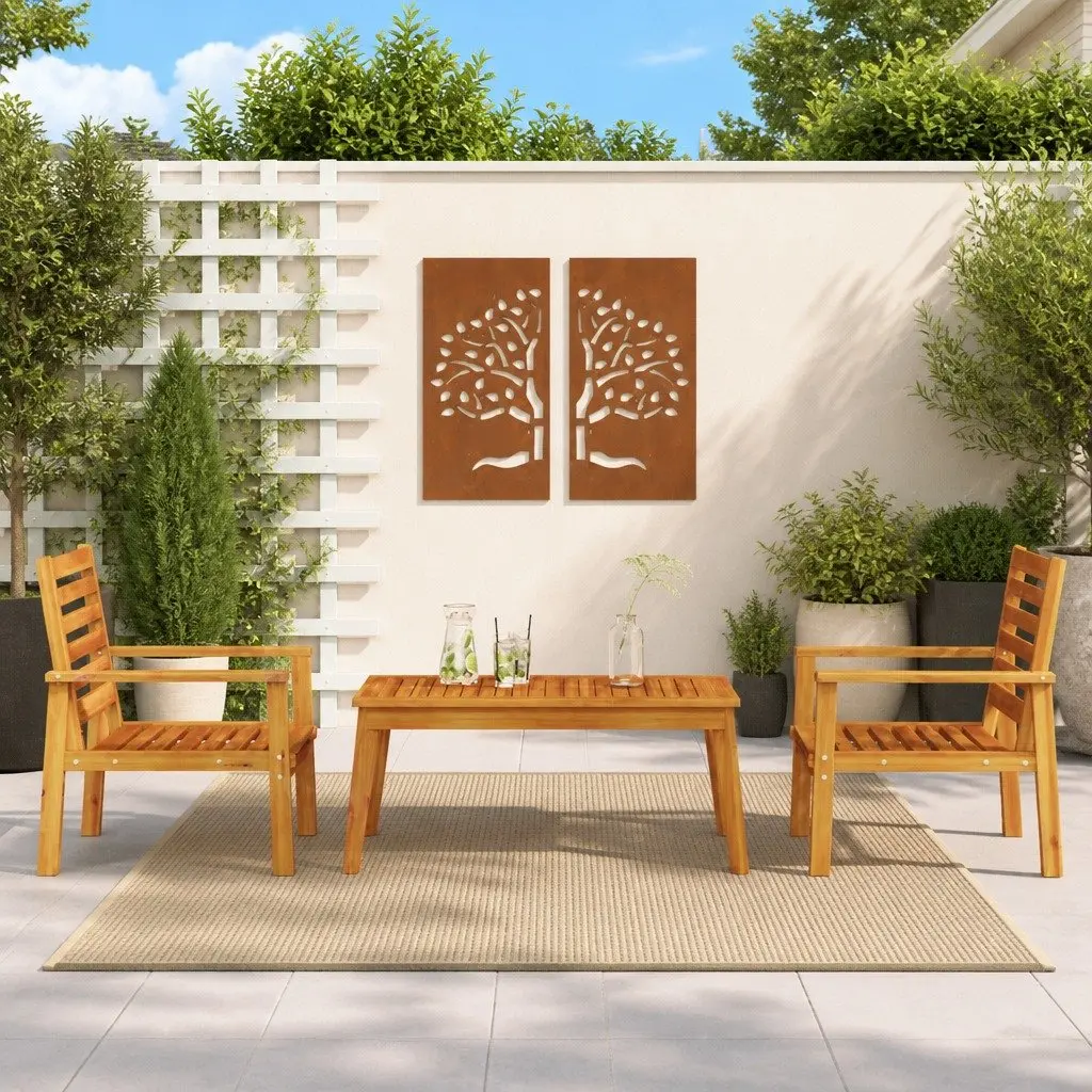 3 Piece Garden Lounge Set Brown Acacia Wood Armrest Backrest