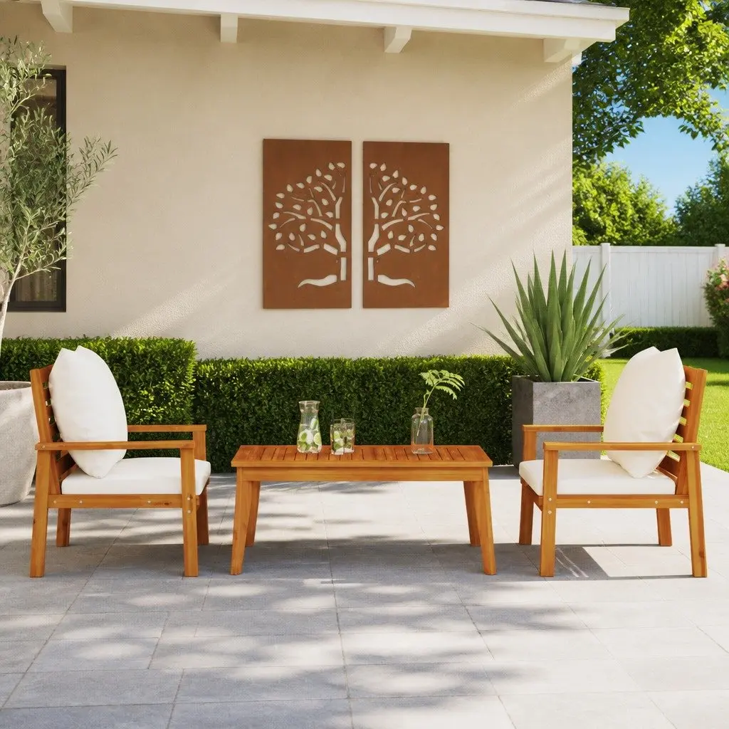 3 Piece Garden Lounge Set Brown Solid Acacia Wood Cushions