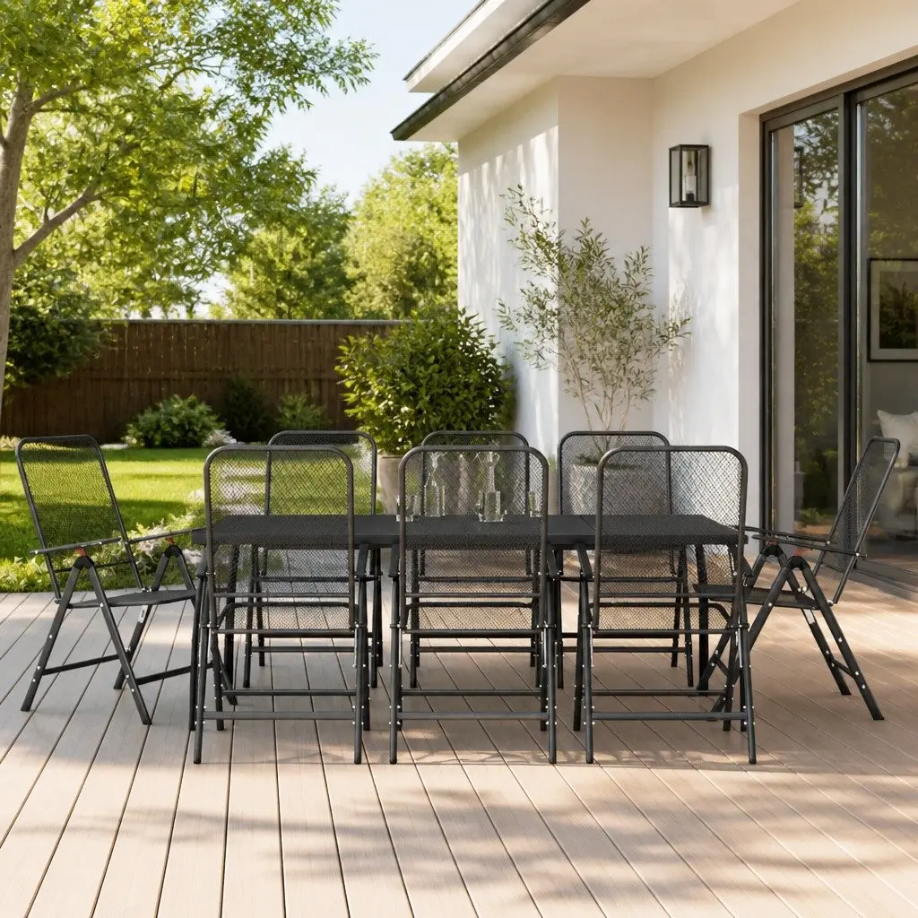 Garden Dining Set Anthracite 9 Piece Metal Mesh Foldable Chairs