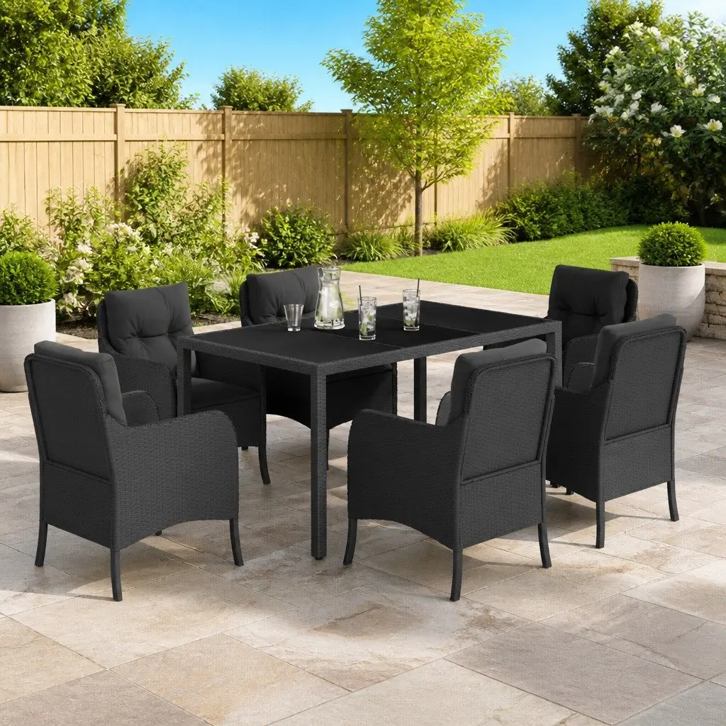 7 Piece Black Patio Dining Set Cushioned Rattan Table Chairs with Tempered Glass Top
