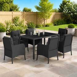 7 Piece Outdoor Garden Dining Set Black Poly Rattan Table Chairs Cushions Patio