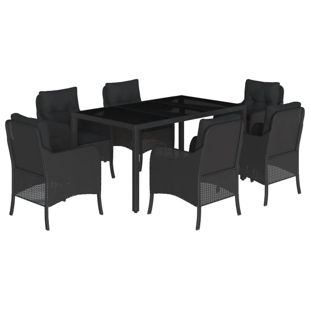 7 Piece Black Patio Dining Set Cushioned Rattan Table Chairs with Tempered Glass Top