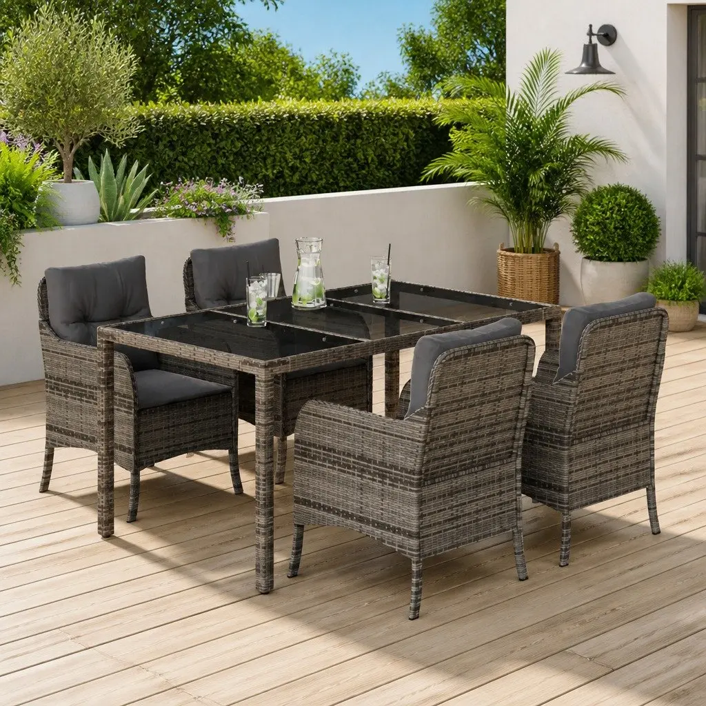 Outdoor Garden Dining Set 5 Piece Grey Poly Rattan Patio Furniture with Cushions