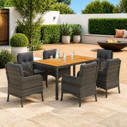 Outdoor Garden Dining Set 7 Piece Grey Poly Rattan Table Chairs with Cushions