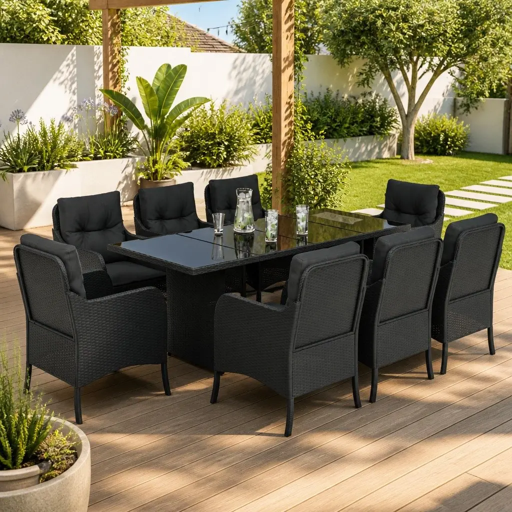Outdoor Garden Dining Set 9 Piece Black Poly Rattan Patio Furniture with