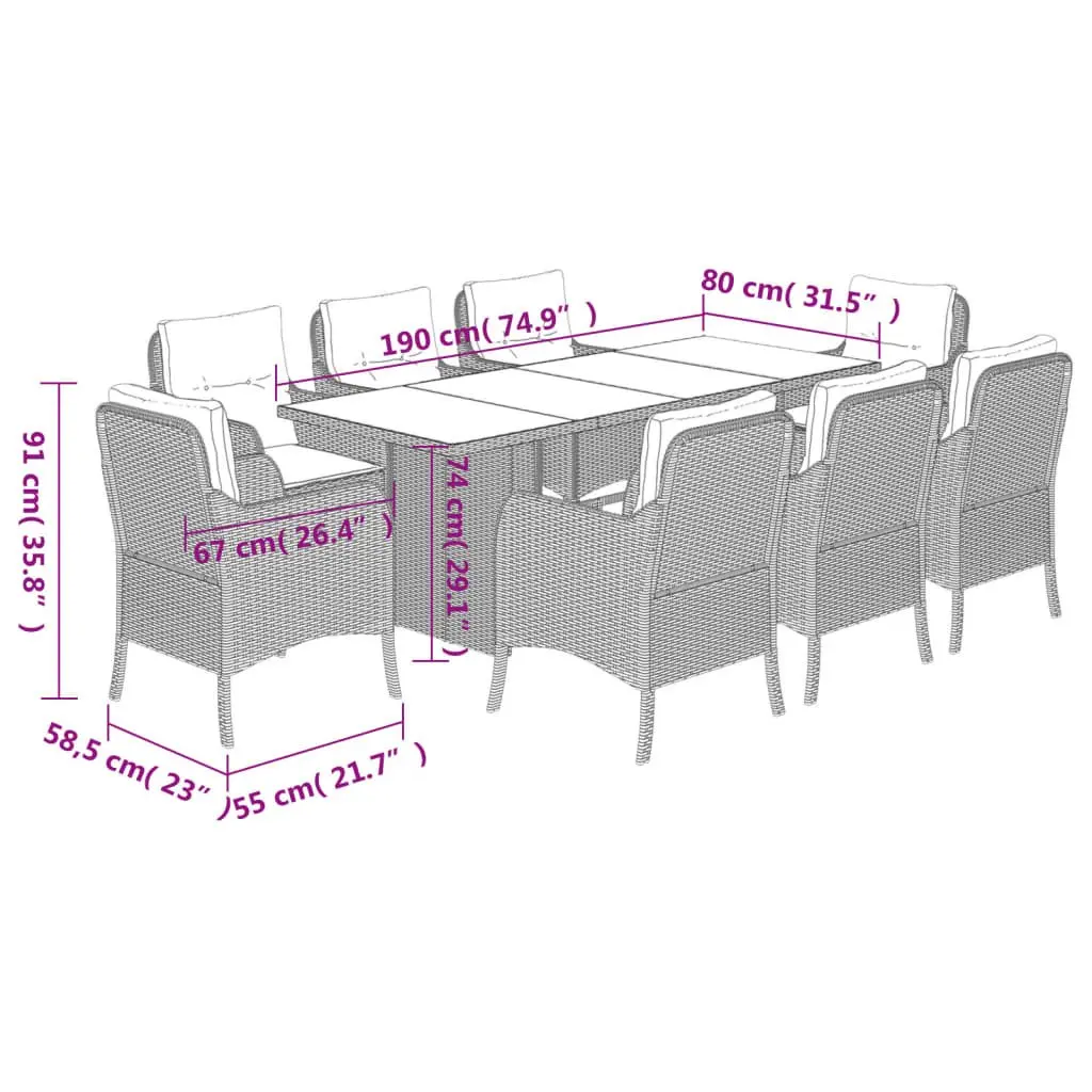 Outdoor Garden Dining Set 9 Piece Black Poly Rattan Patio Furniture with