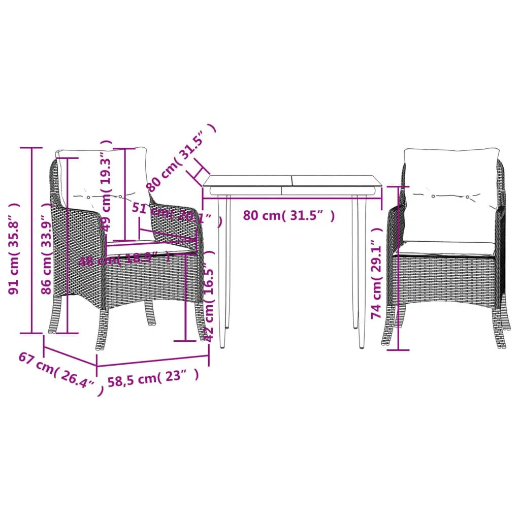 Outdoor Dining Set Black 3 Piece Garden Furniture Poly Rattan with Cushions