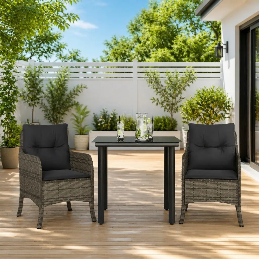 Outdoor Dining Set Grey 3 Piece Garden Furniture Poly Rattan Table Chairs