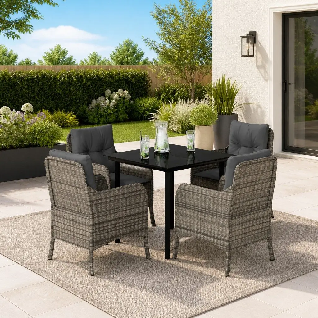 Outdoor Dining Set Grey 5 Piece Garden Furniture with Cushions Poly Rattan