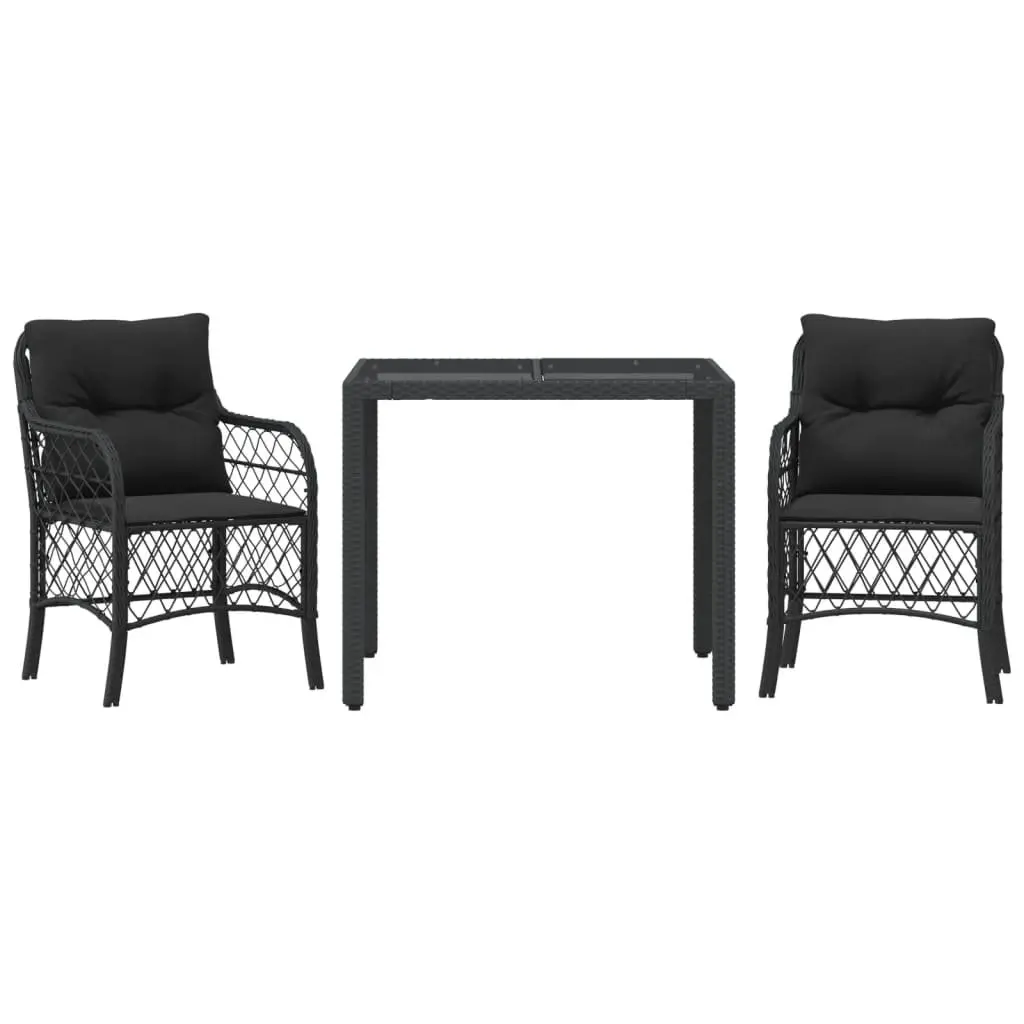 Outdoor Bistro Set Black 3 Piece PE Rattan Garden Furniture with Cushions