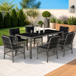 7 Piece Outdoor Dining Set Grey Poly Rattan Table Chairs Garden Patio Furniture