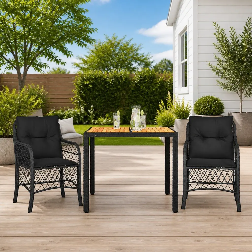 Outdoor Bistro Set Black 3 Piece Poly Rattan Garden Furniture with Cushions