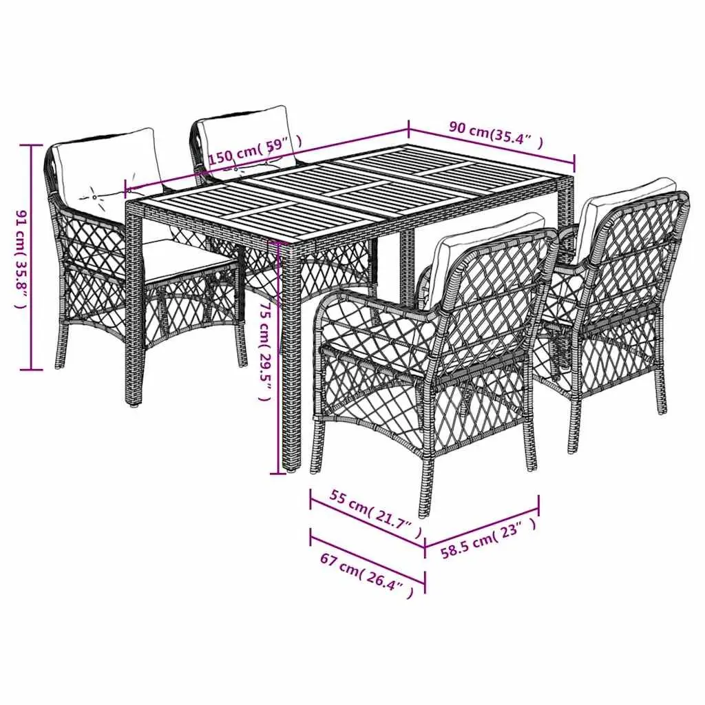 Outdoor Dining Set 5 Piece Garden Furniture Black Poly Rattan Table Chairs