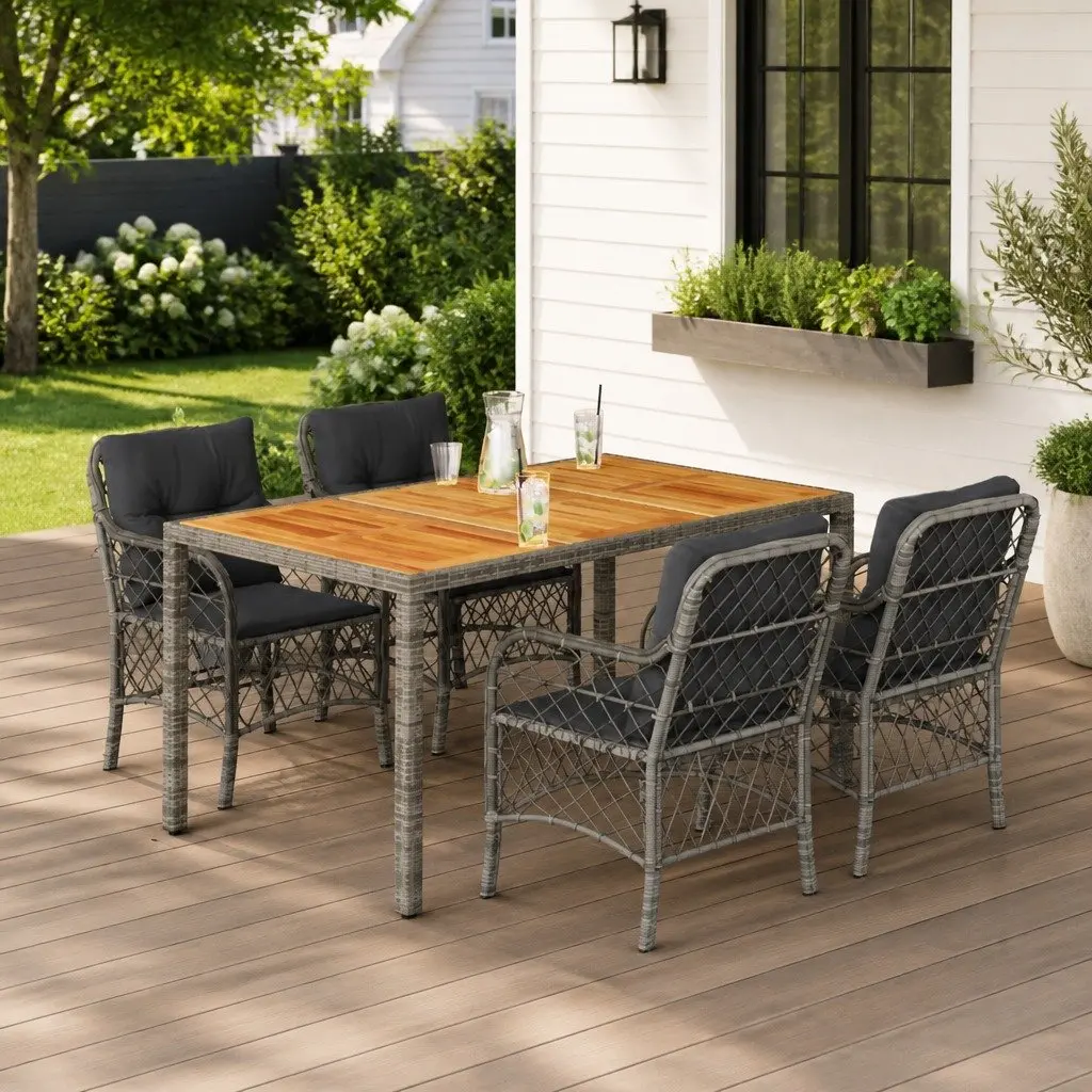 Garden Dining Set Grey 5 Piece Poly Rattan with Cushions Acacia Wood Table