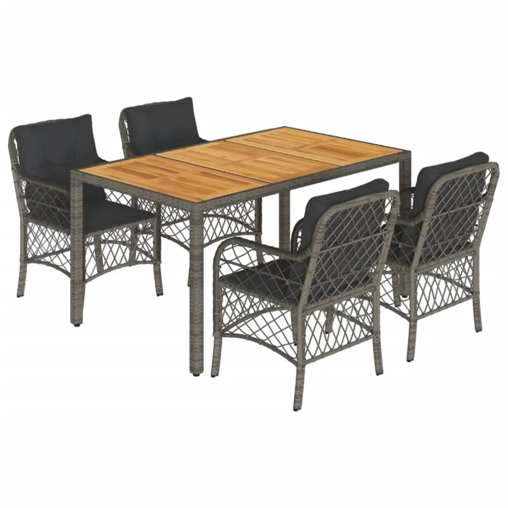 Garden Dining Set Grey 5 Piece Poly Rattan with Cushions Acacia Wood Table
